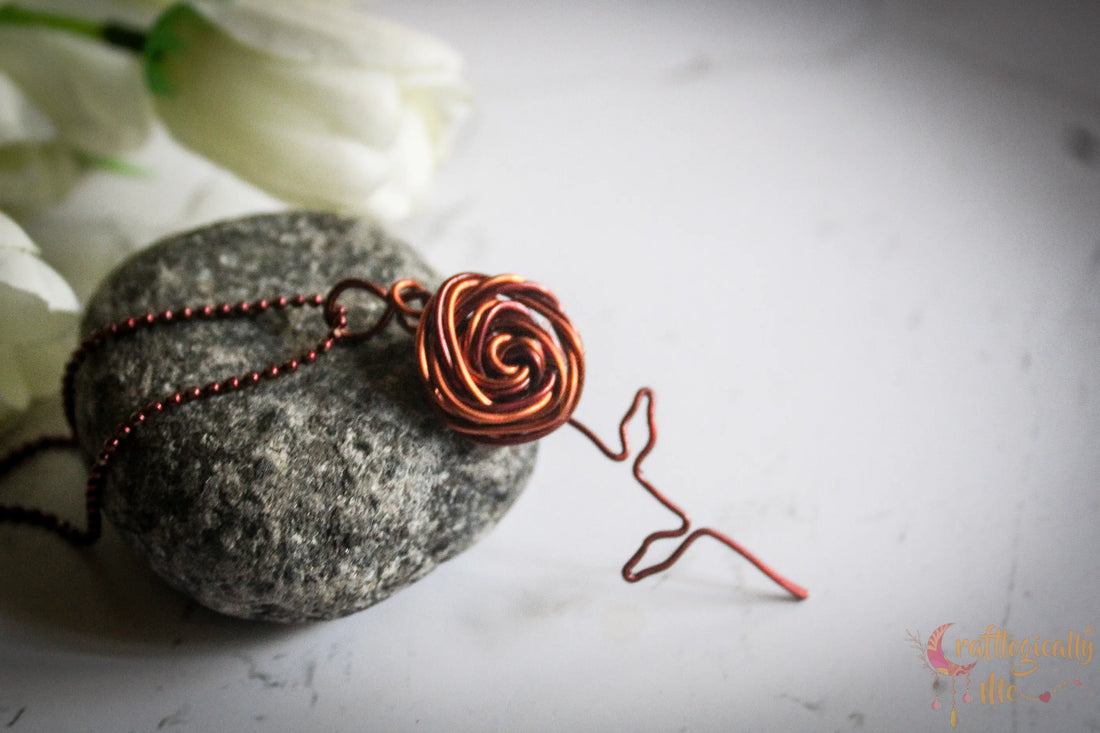 Dual Color Big Rose Pendant with Leaves – Handmade Wire Art Jewelry