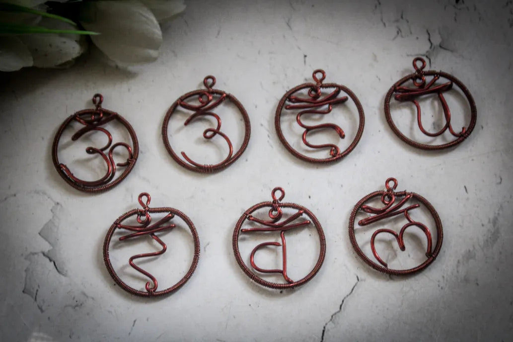 Set of 7 Chakra Mantra Pendants – Handmade Meditation Jewelry Collection