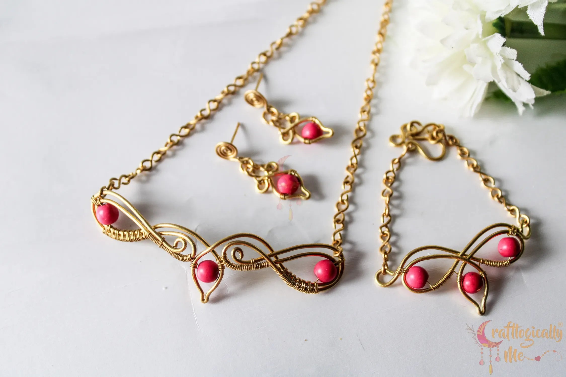 Pink Choker Set, Earrings, Necklace And Bracelet Combo– Handmade Wire Wrapped Jewelry