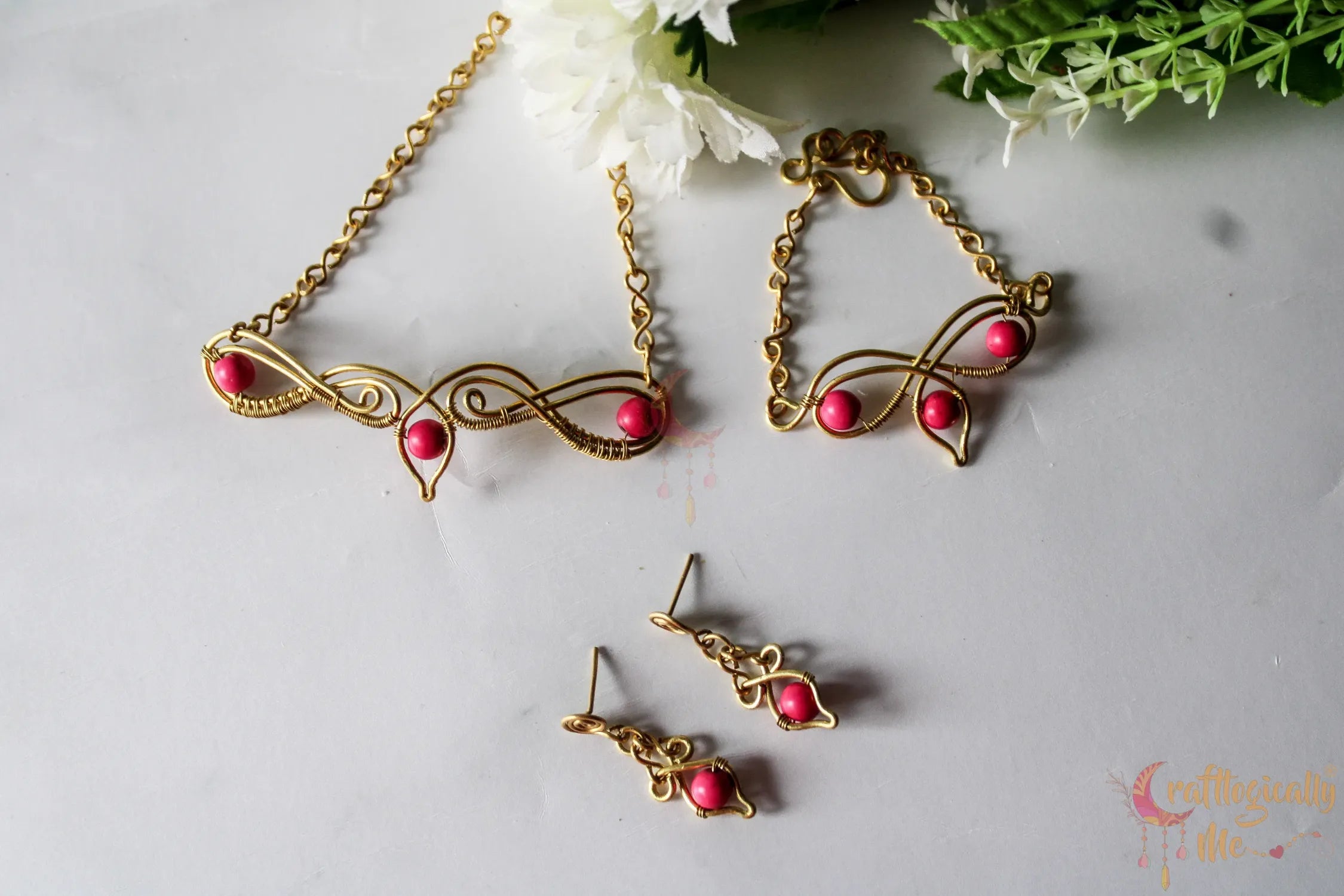 Pink Choker Set, Earrings, Necklace And Bracelet Combo– Handmade Wire Wrapped Jewelry