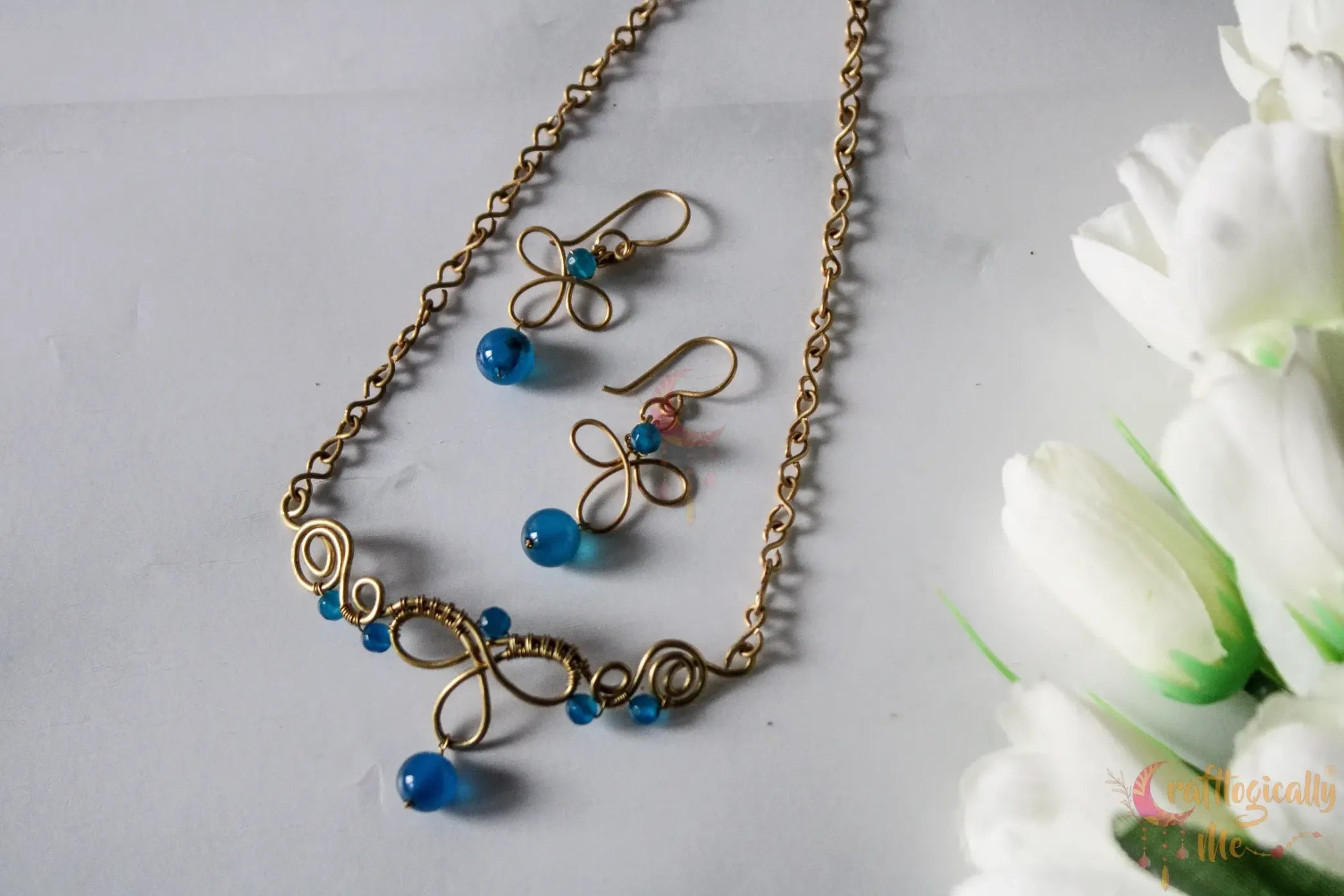 Blue Choker Set, Earrings And Necklace Combo – Wire Wrapped Handmade Jewelry