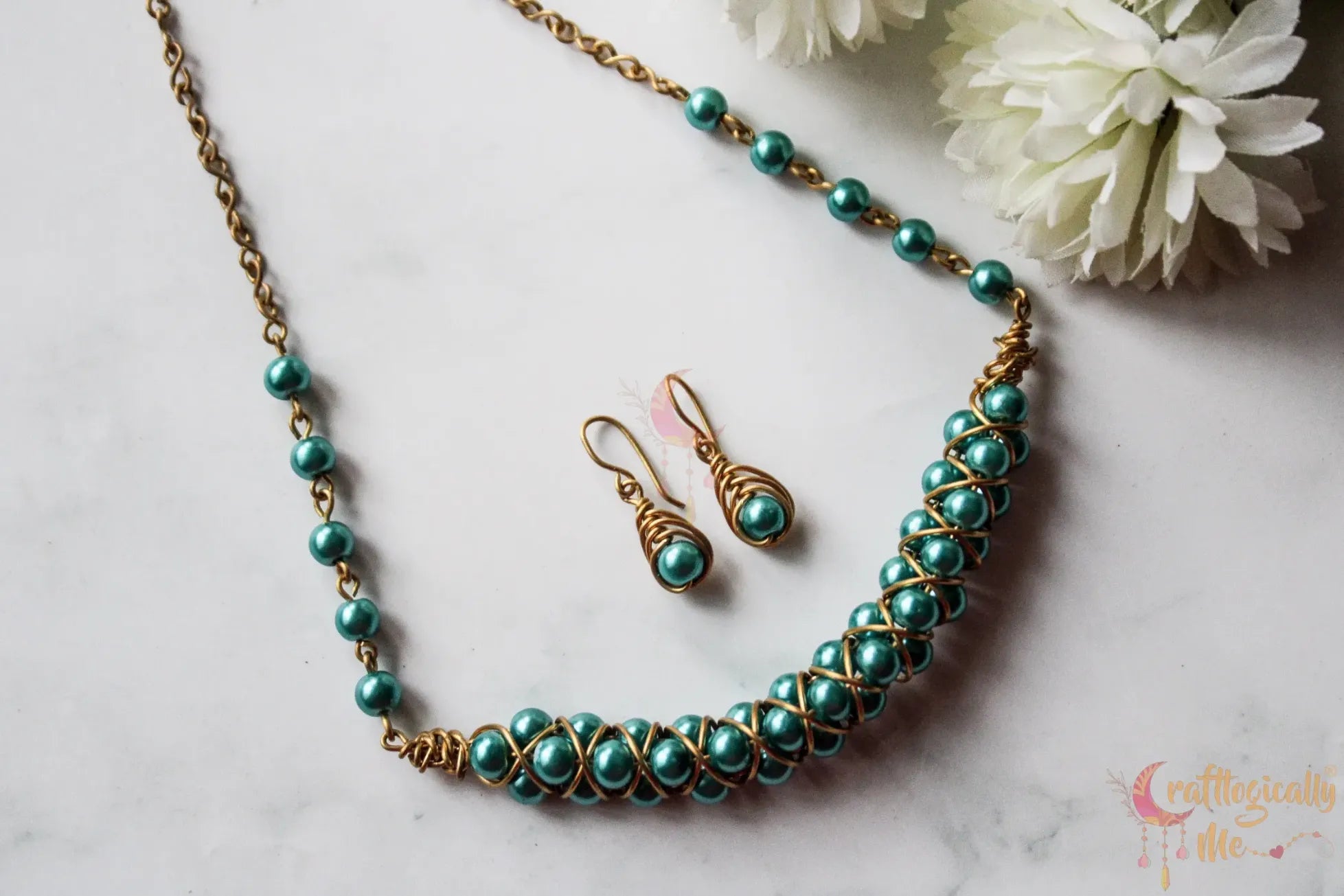 Pearl Braided Choker Set, Earrings and Necklace Combo – Handmade Wire Jewelry