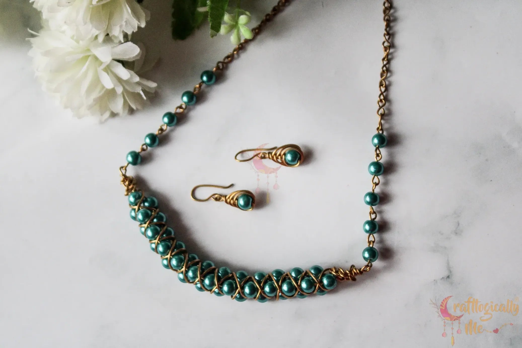 Pearl Braided Choker Set, Earrings and Necklace Combo – Handmade Wire Jewelry