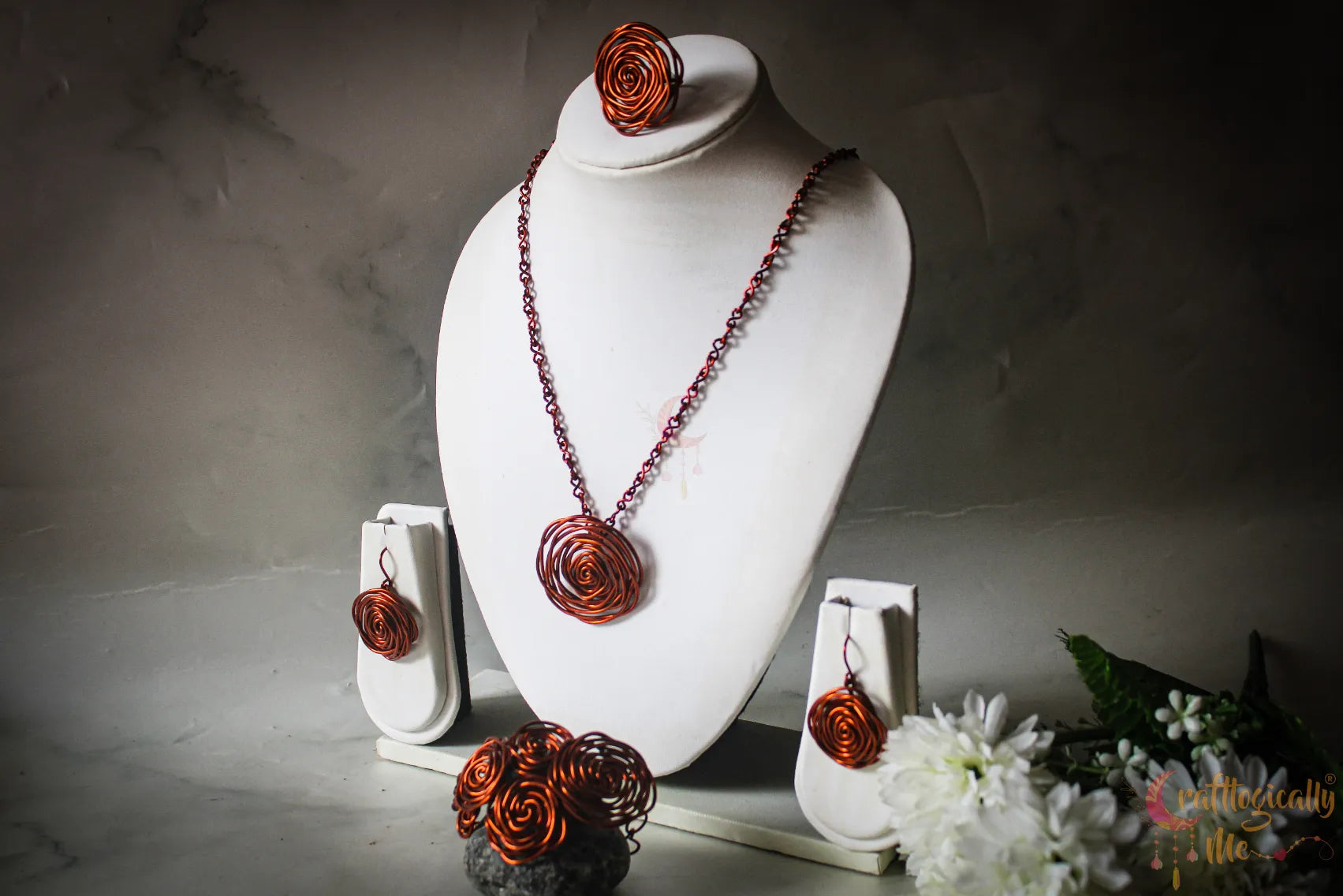 Rose Pendant Set, Earrings, Pendant, Bracelet And Ring Combo – Handmade Wire Wrapped Jewelry