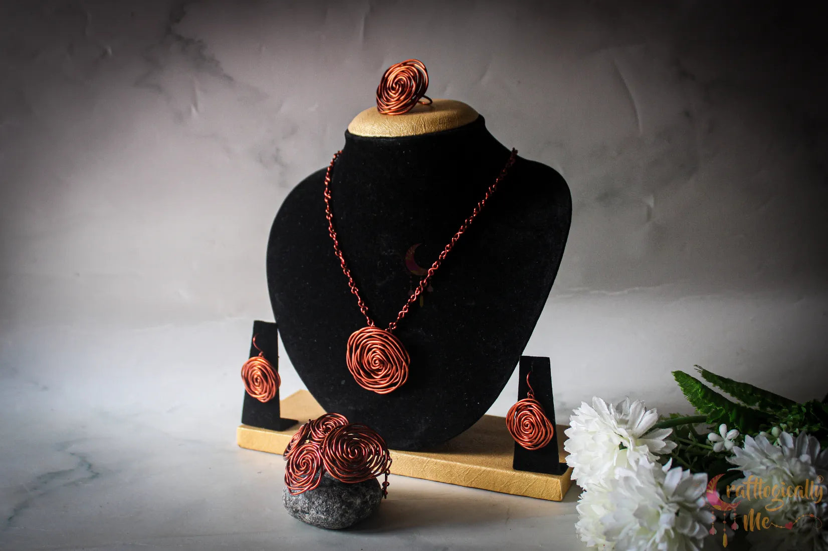 Rose Pendant Set, Earrings, Pendant, Bracelet And Ring Combo – Handmade Wire Wrapped Jewelry