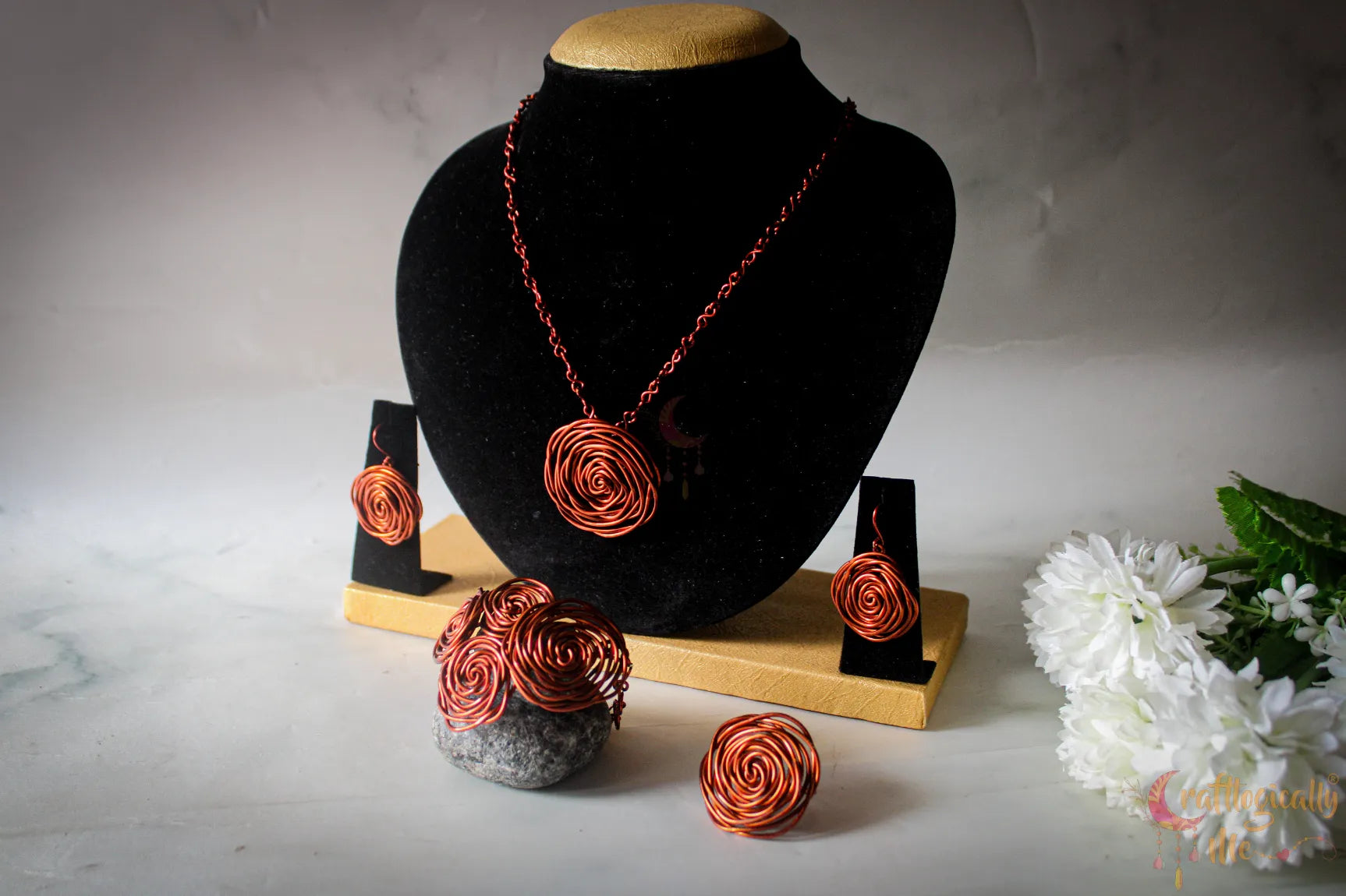 Rose Pendant Set, Earrings, Pendant, Bracelet And Ring Combo – Handmade Wire Wrapped Jewelry