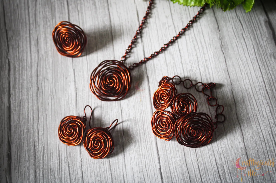 Rose Pendant Set, Earrings, Pendant, Bracelet And Ring Combo – Handmade Wire Wrapped Jewelry