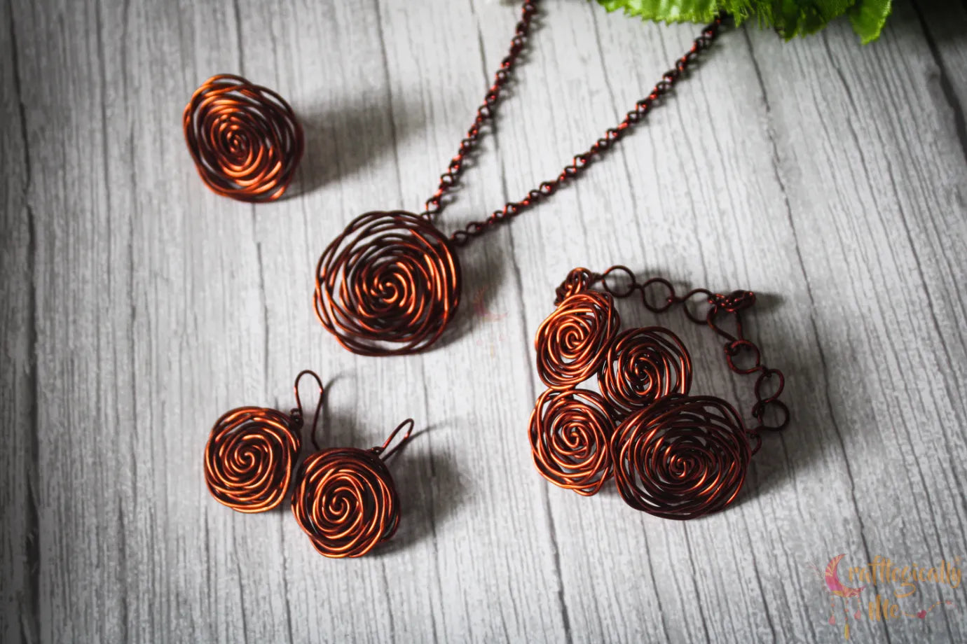 Rose Pendant Set, Earrings, Pendant, Bracelet And Ring Combo – Handmade Wire Wrapped Jewelry