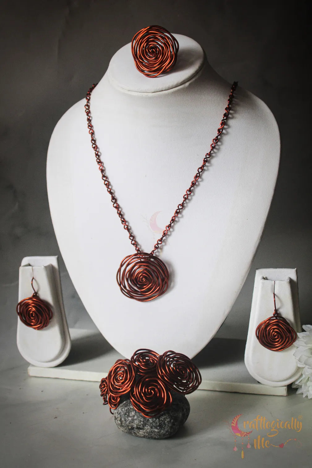 Rose Pendant Set, Earrings, Pendant, Bracelet And Ring Combo – Handmade Wire Wrapped Jewelry