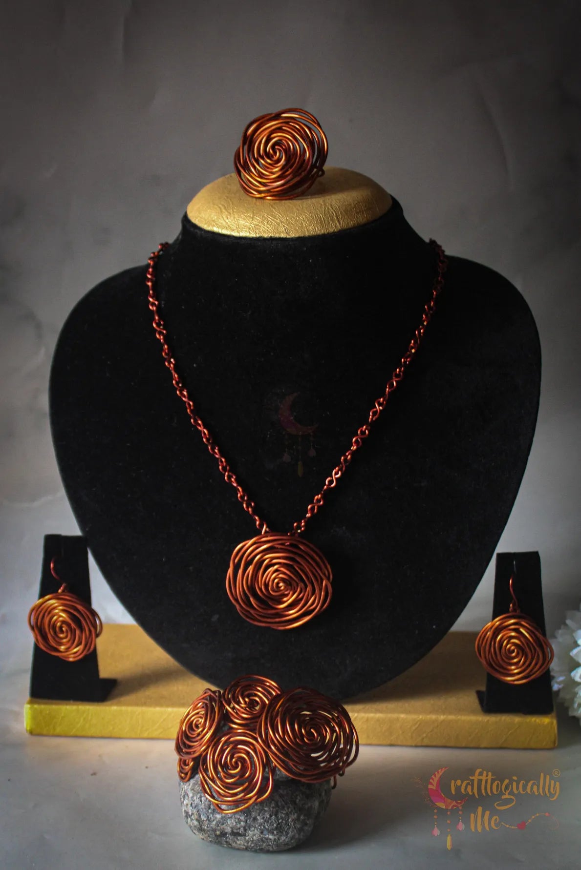 Rose Pendant Set, Earrings, Pendant, Bracelet And Ring Combo – Handmade Wire Wrapped Jewelry