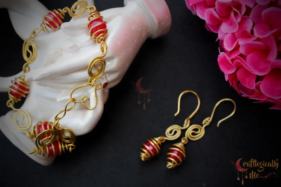 Caged Bead and Yin Yang Swirls Bracelet Set with Earrings – Handmade Wire Jewelry