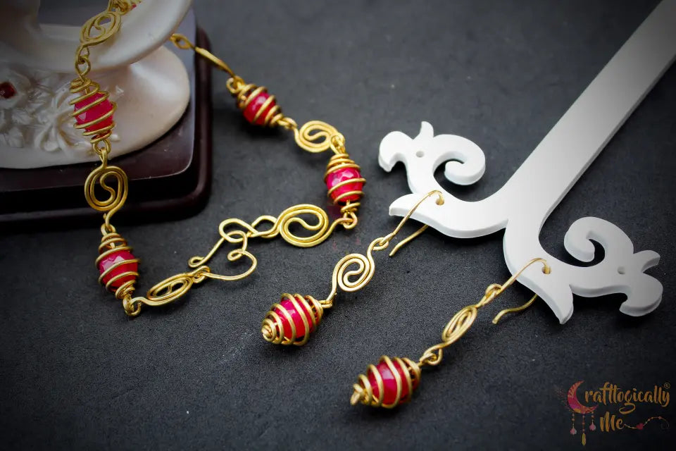 Caged Bead and Yin Yang Swirls Bracelet Set with Earrings – Handmade Wire Jewelry