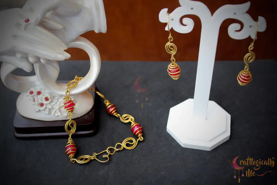 Caged Bead and Yin Yang Swirls Bracelet Set with Earrings – Handmade Wire Jewelry