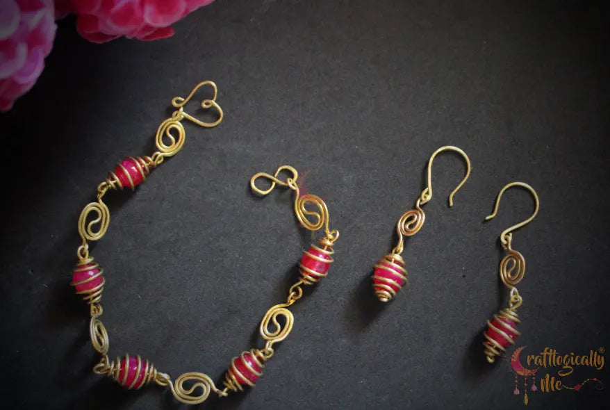 Caged Bead and Yin Yang Swirls Bracelet Set with Earrings – Handmade Wire Jewelry