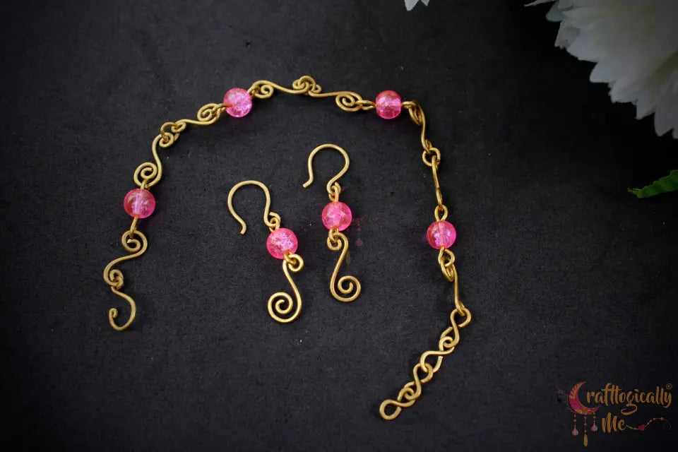 Swirls Crackle Beads Bracelet and Earrings Set – Handmade Wire Wrapped Jewelry