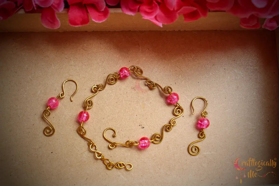 Swirls Crackle Beads Bracelet and Earrings Set – Handmade Wire Wrapped Jewelry