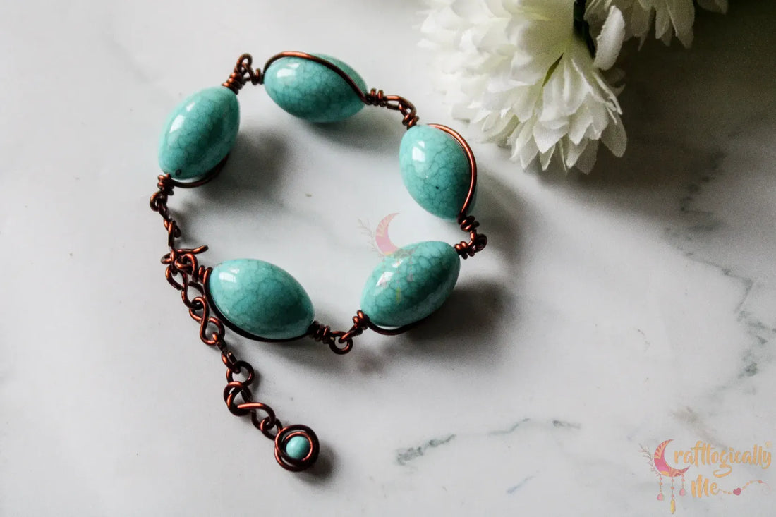 Turquoise Blue Marquee Bead Bracelet – Handmade Wire Jewelry