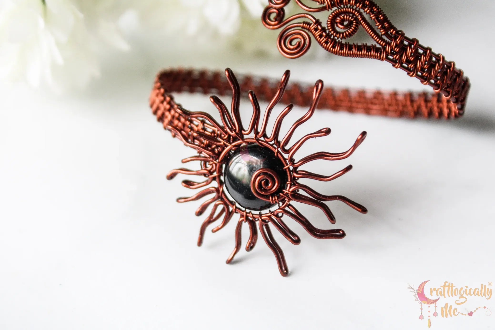 Black Onyx Sun Woven Bracelet Cuff – Handmade Wire Jewelry