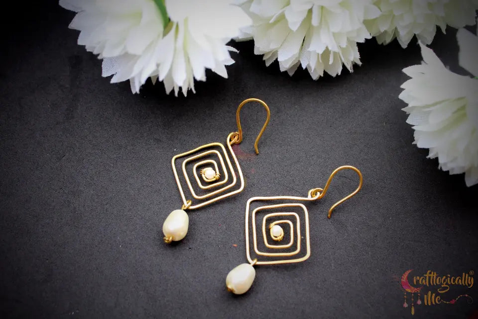 Square Spiral Earrings with Pearl Drops – Handmade Wire Wrapped Geometric Jewelry
