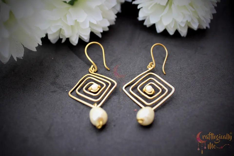 Square Spiral Earrings with Pearl Drops – Handmade Wire Wrapped Geometric Jewelry