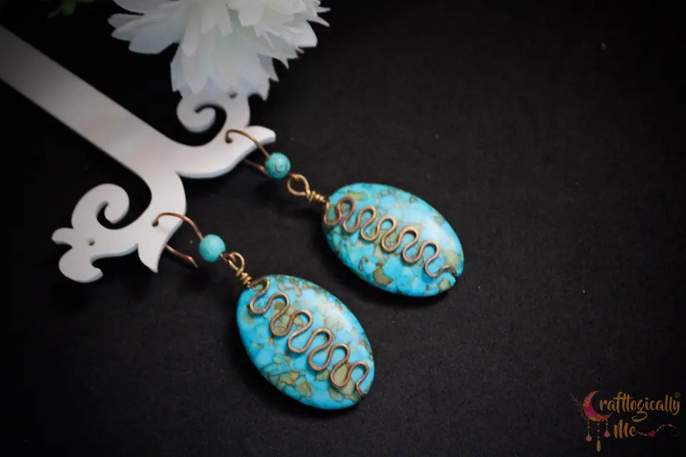 Turquoise Bead Squiggly Earrings (Large) – Handmade Wire Wrapped Dangle Jewelry