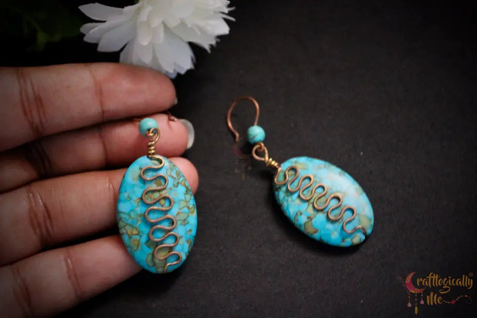 Turquoise Bead Squiggly Earrings (Large) – Handmade Wire Wrapped Dangle Jewelry