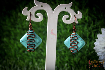Turquoise Square Bead Squiggly Earrings – Handmade Wire Wrapped Dangle Jewelry