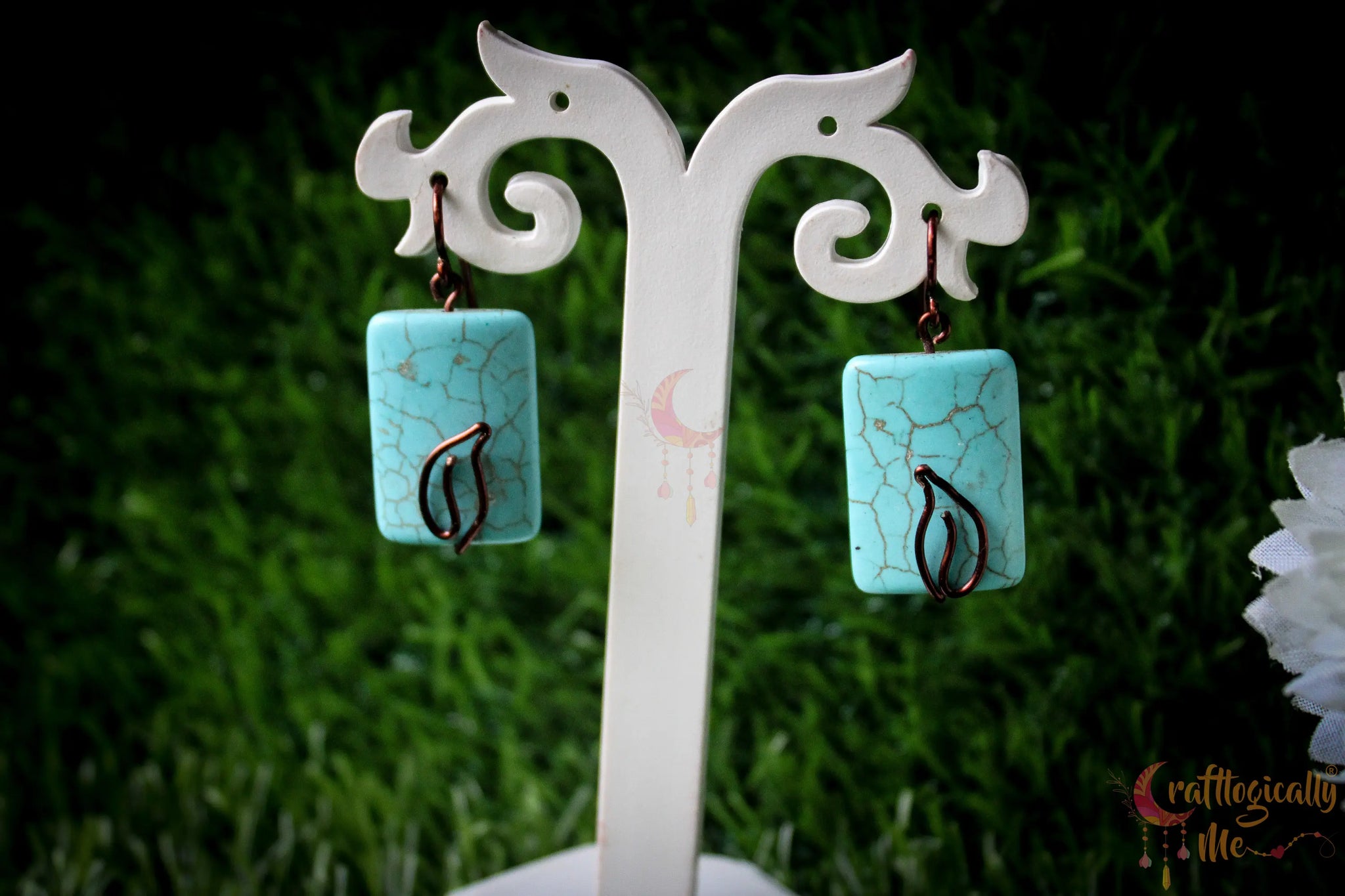 Turquoise Rectangle Bead Leaf Earrings – Handmade Wire Wrapped Dangle Jewelry