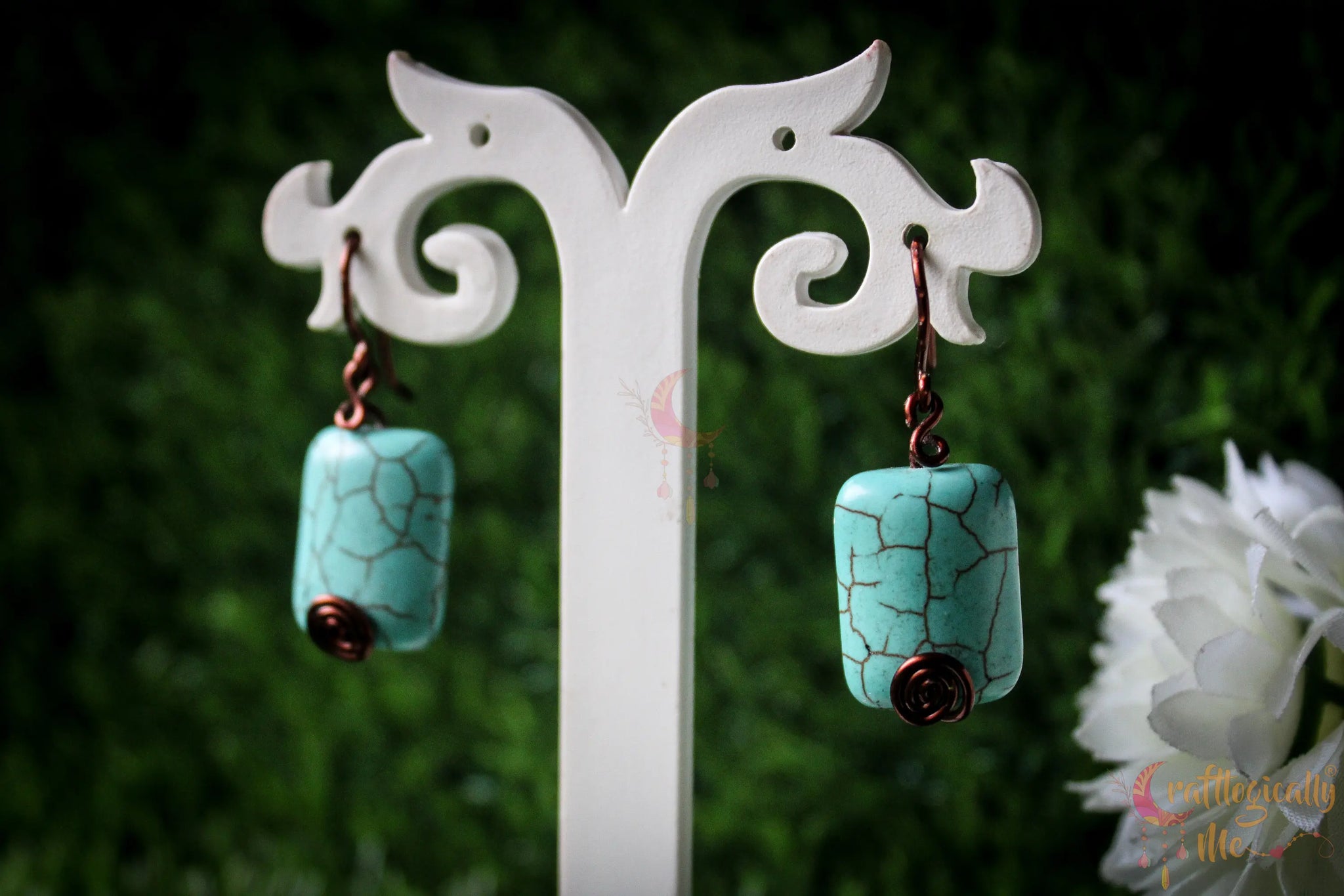 Turquoise Rectangle Bead Swirl Earrings – Handmade Wire Wrapped Dangle Jewelry