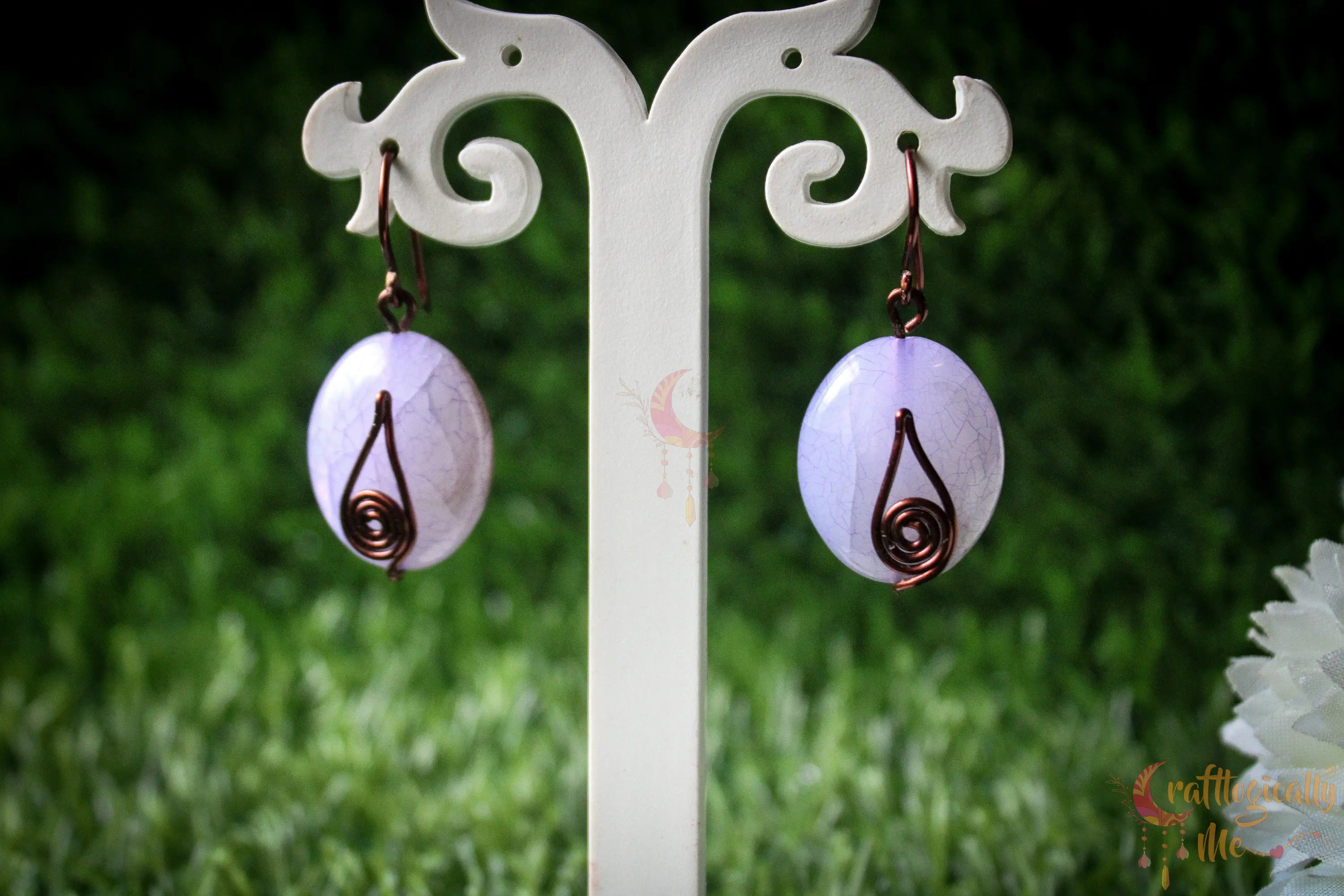 Oval Acrylic Bead Swirl Earrings – Handmade Wire Wrapped Dangle Jewelry