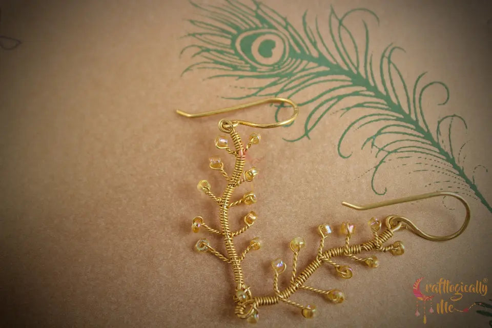 Tree Branch with Seed Bead Leaf Earrings – Handmade Wire Wrapped Dangle Jewelry