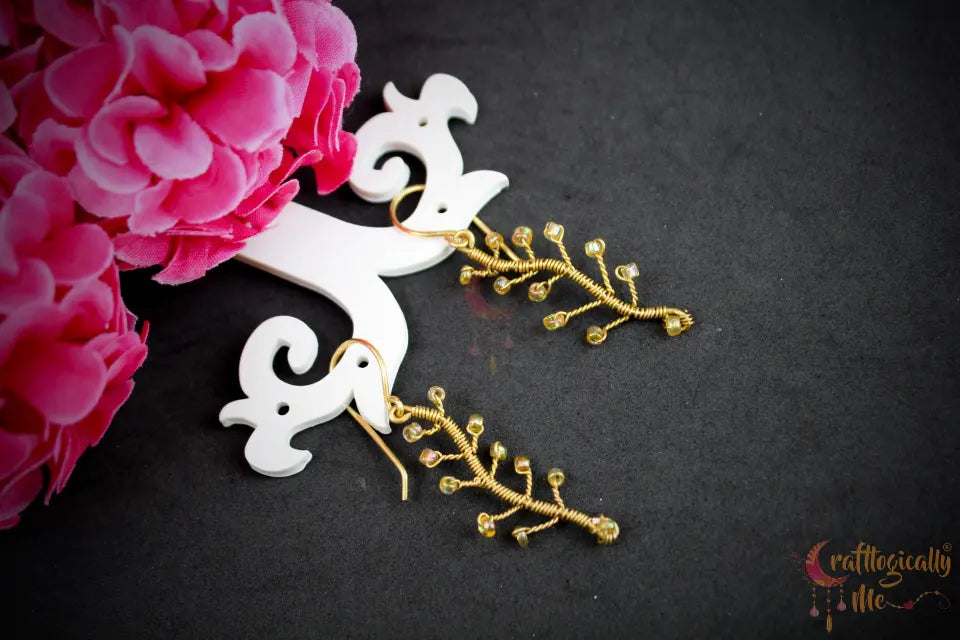 Tree Branch with Seed Bead Leaf Earrings – Handmade Wire Wrapped Dangle Jewelry