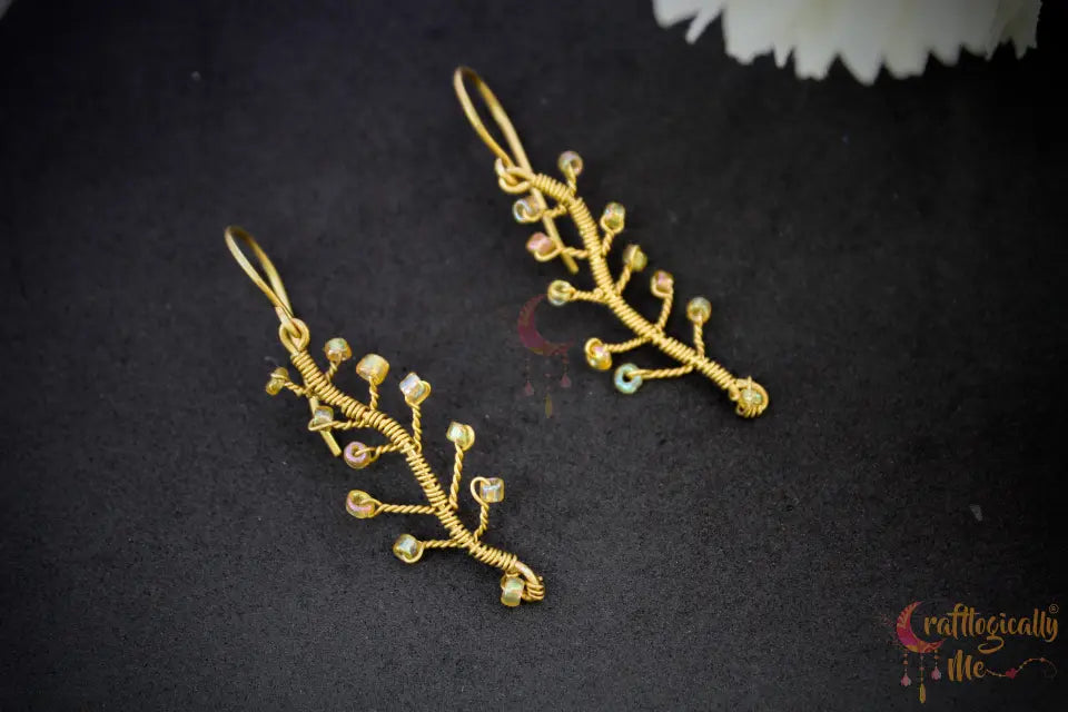 Tree Branch with Seed Bead Leaf Earrings – Handmade Wire Wrapped Dangle Jewelry