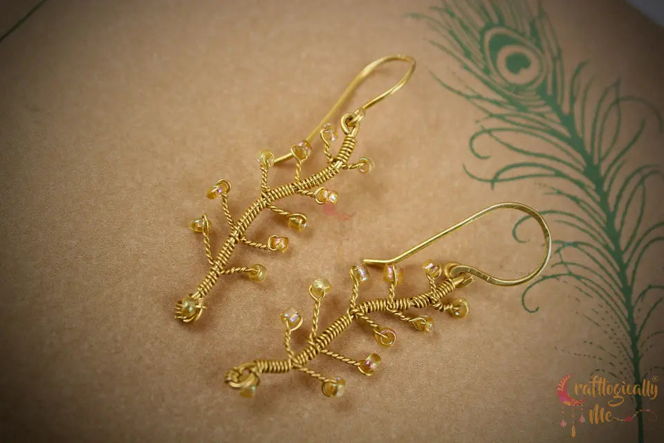 Tree Branch with Seed Bead Leaf Earrings – Handmade Wire Wrapped Dangle Jewelry