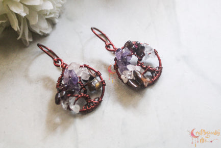 Gemstone Chip Beads Tree of Life Earrings – Handmade Wire Wrapped Dangle Jewelry