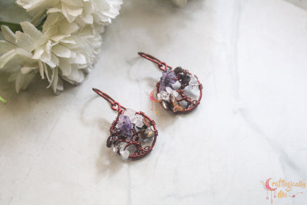 Gemstone Chip Beads Tree of Life Earrings – Handmade Wire Wrapped Dangle Jewelry