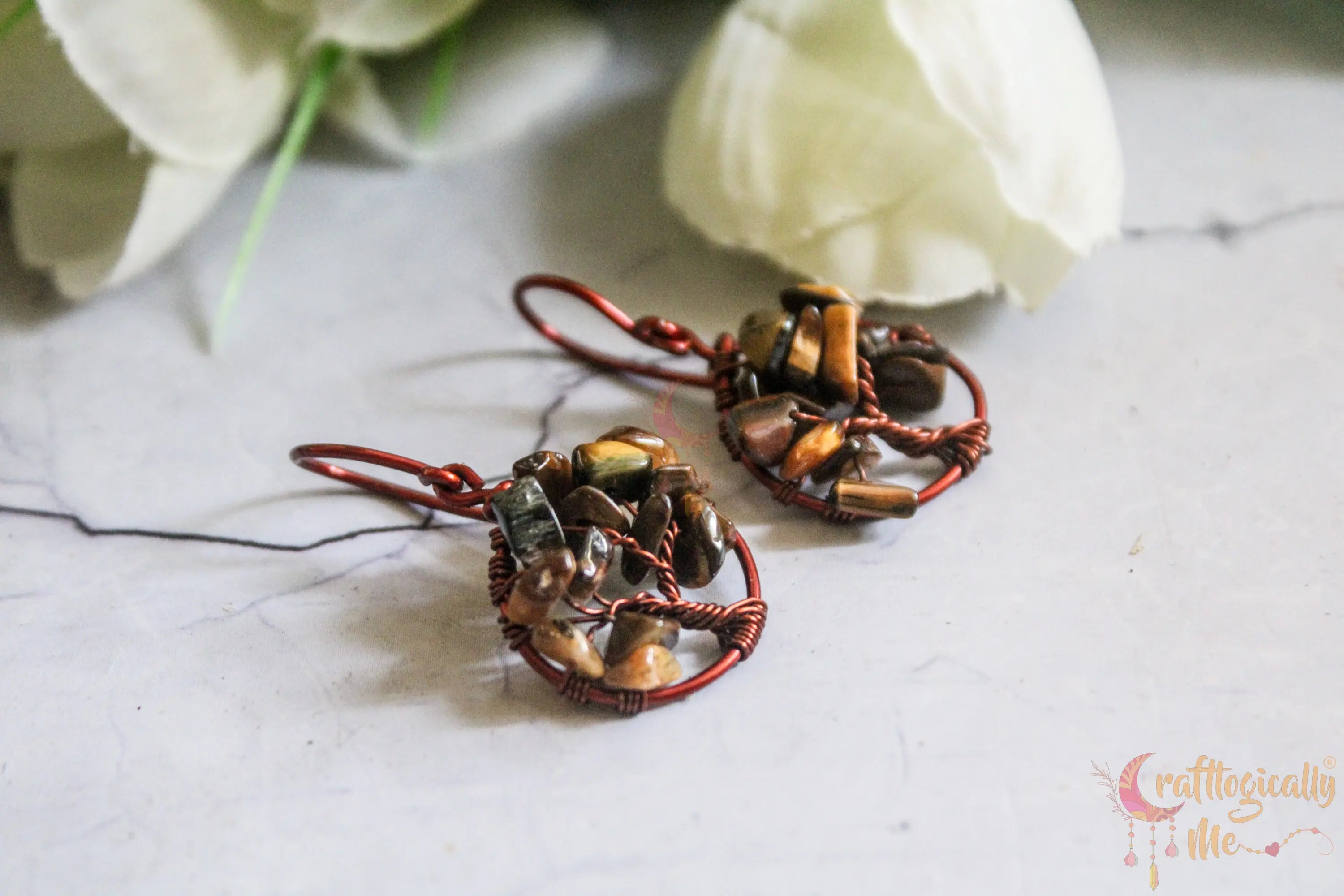 Gemstone Chip Beads Tree of Life Earrings – Handmade Wire Wrapped Dangle Jewelry