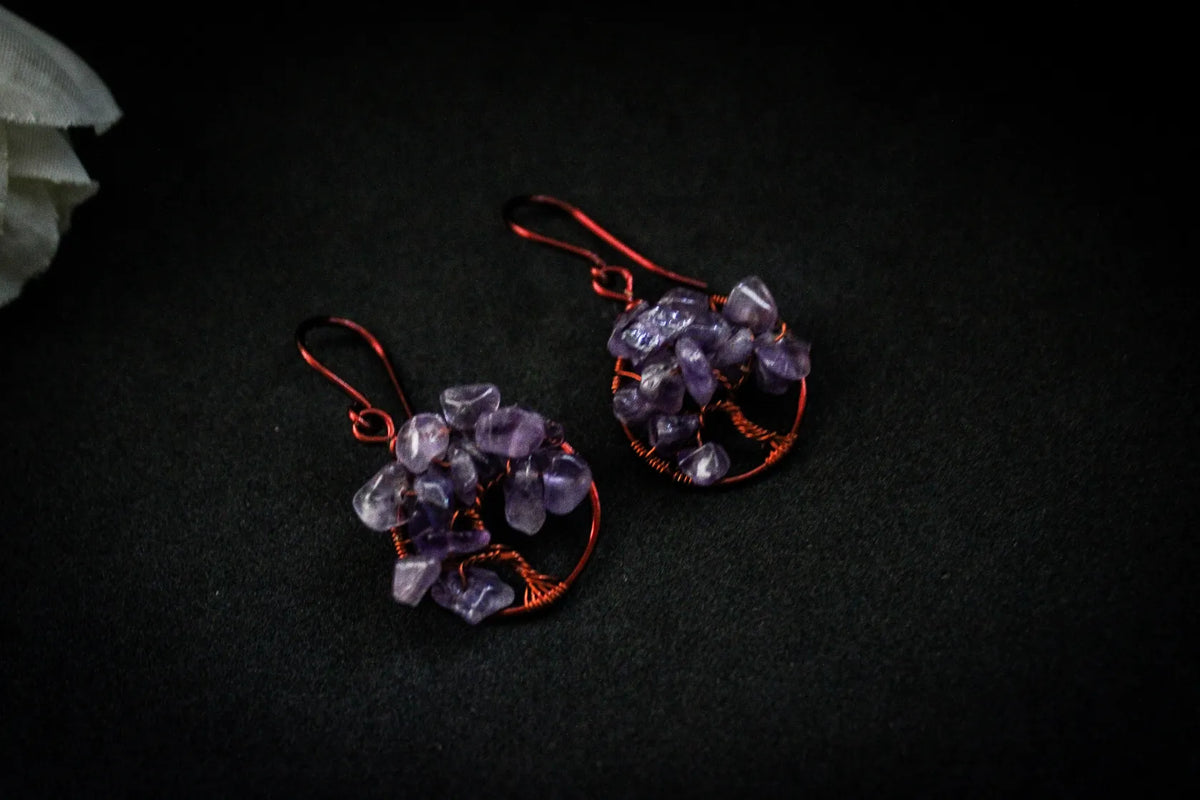 Gemstone Chip Beads Tree of Life Earrings – Handmade Wire Wrapped Dangle Jewelry
