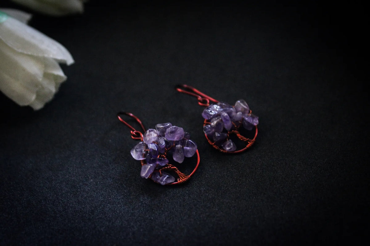 Gemstone Chip Beads Tree of Life Earrings – Handmade Wire Wrapped Dangle Jewelry