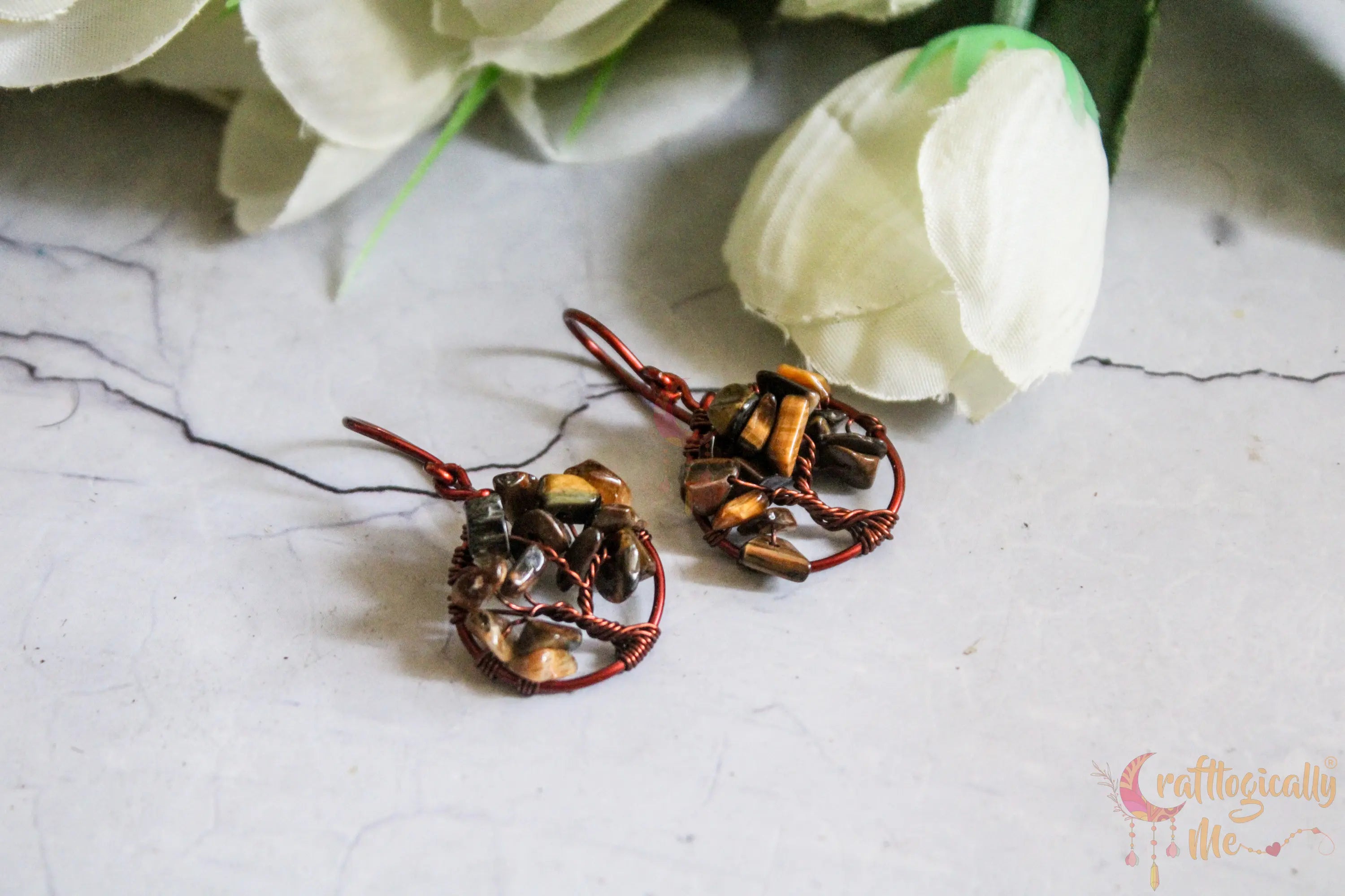 Gemstone Chip Beads Tree of Life Earrings – Handmade Wire Wrapped Dangle Jewelry