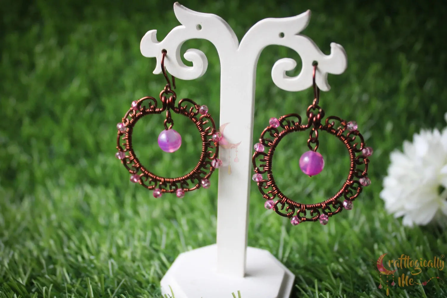 Wire Hoop with Bead Drop Earrings - Handmade Dangle Jewelry