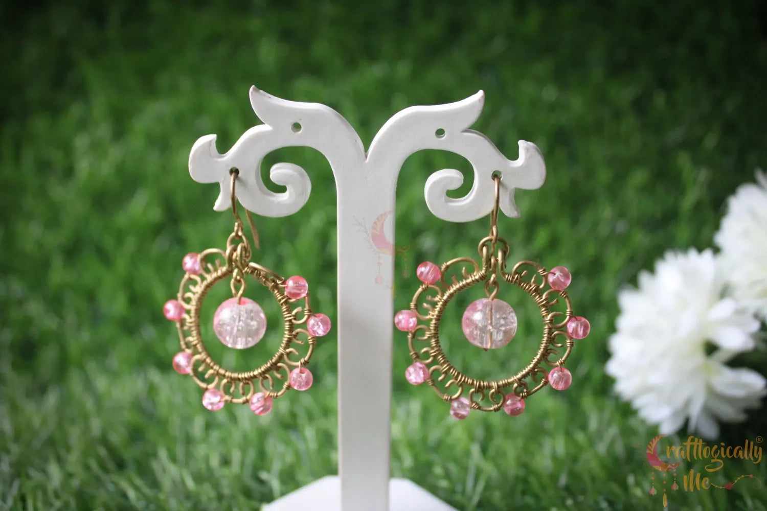 Wire Hoop with Bead Drop Earrings - Handmade Dangle Jewelry