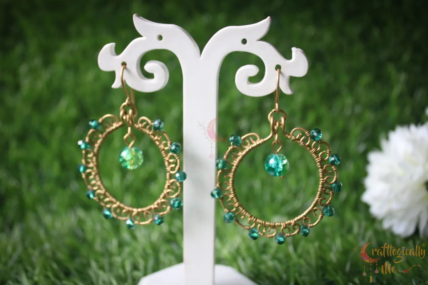Wire Hoop with Bead Drop Earrings - Handmade Dangle Jewelry