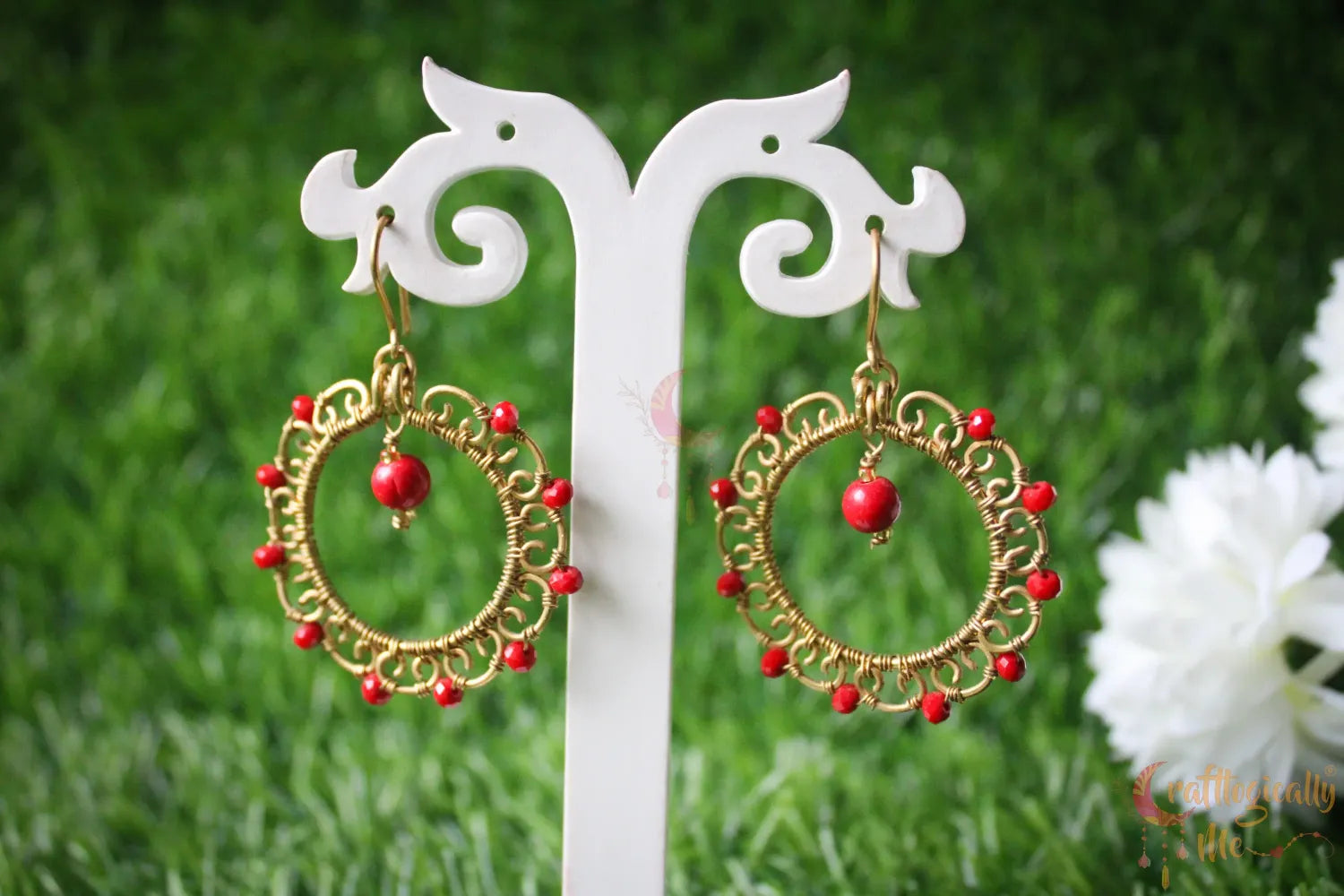 Wire Hoop with Bead Drop Earrings - Handmade Dangle Jewelry