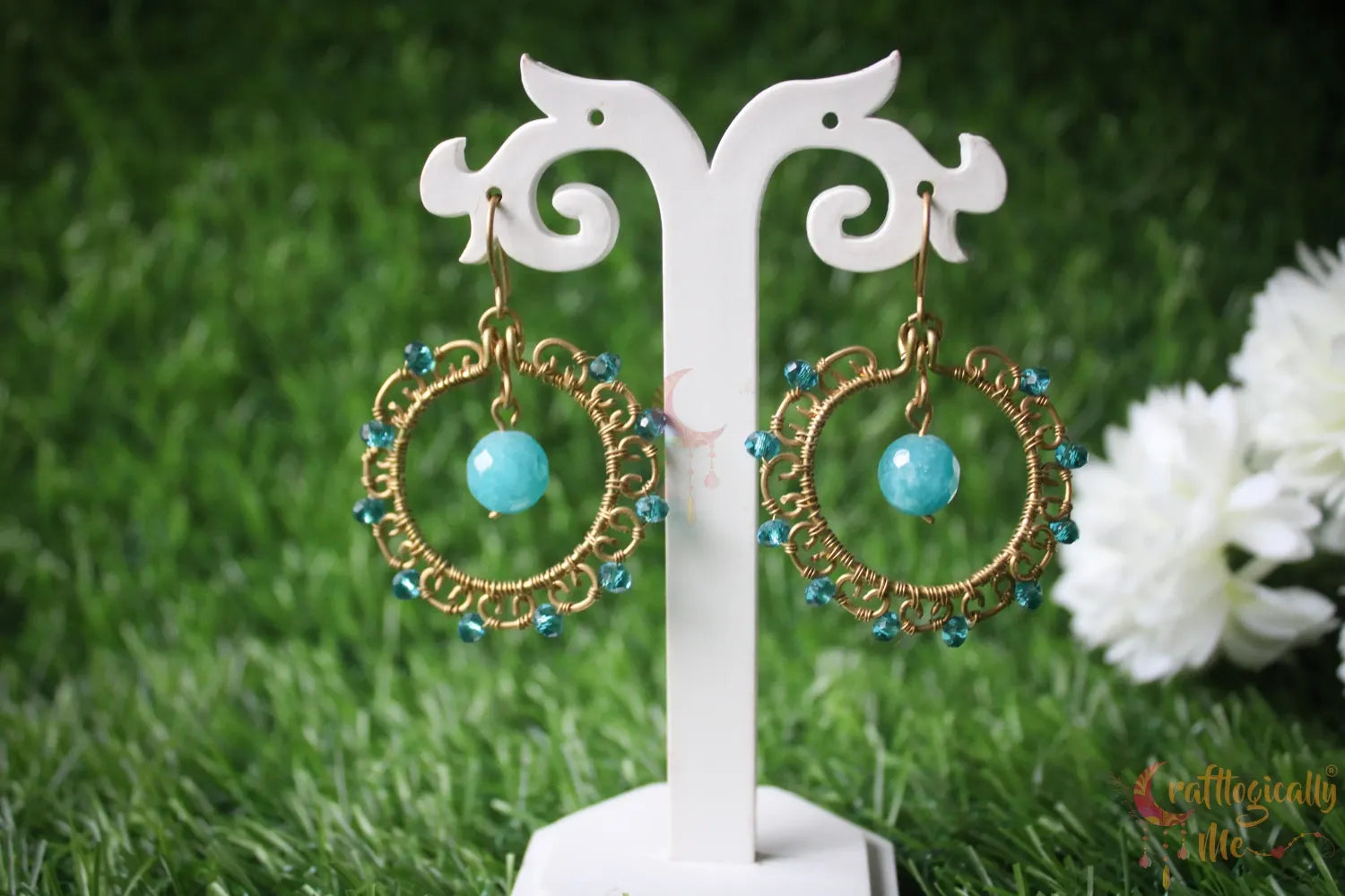 Wire Hoop with Bead Drop Earrings - Handmade Dangle Jewelry