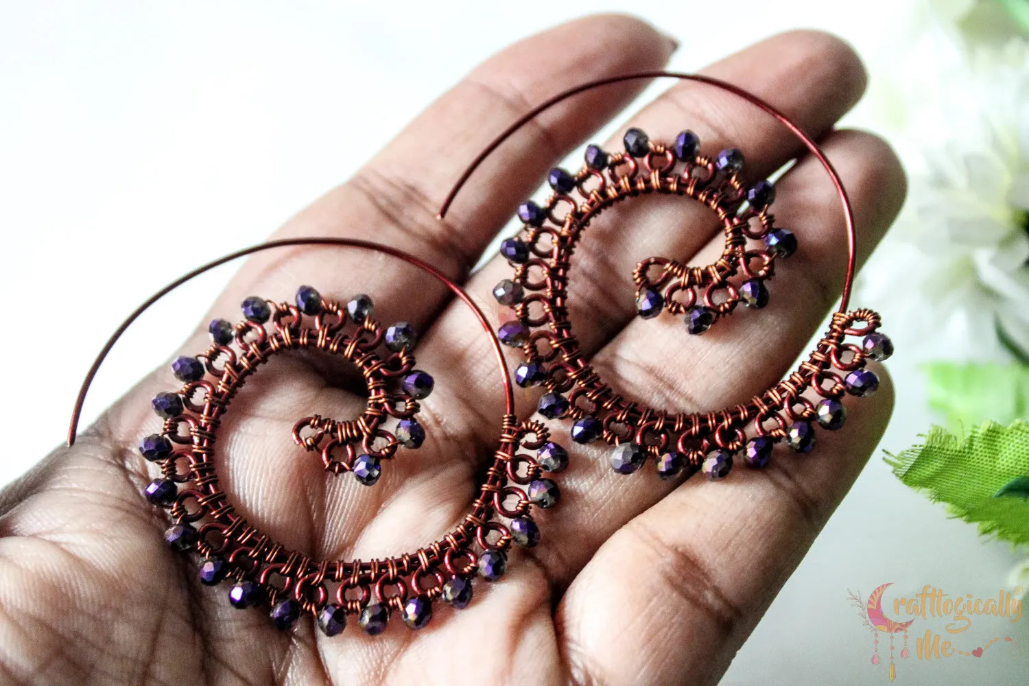 Long Swirly Crystal Bead Earrings - Handmade Wire & Crystal Jewelry