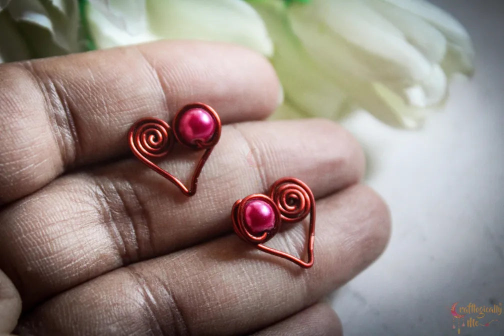 Heart Pearl Swirly Stud - Handmade Wire & Pearl Earrings