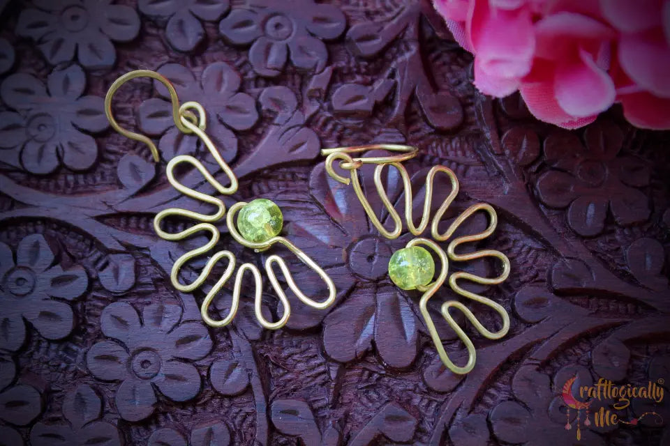 Semi Flower Earrings with Yellow Crackle Bead – Handmade Wire Jewelry