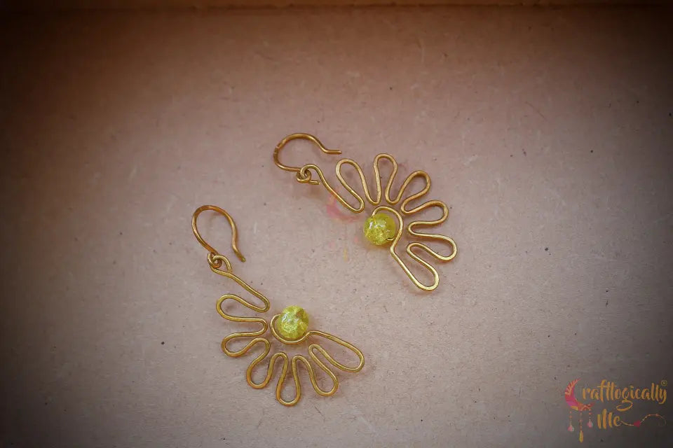 Semi Flower Earrings with Yellow Crackle Bead – Handmade Wire Jewelry