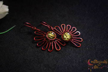 Semi Flower Earrings with Yellow Crackle Bead – Handmade Wire Jewelry